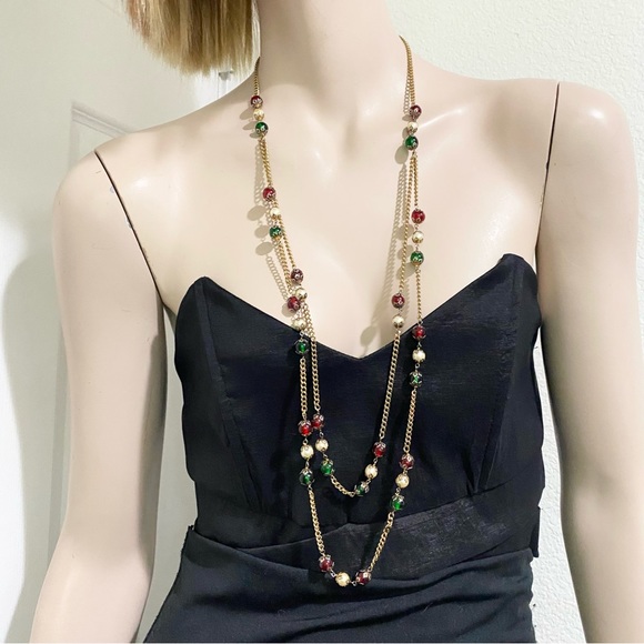 Handmade Red Green Beads Faux Pearl Gold-tone Long Chain Necklace - Picture 4 of 13